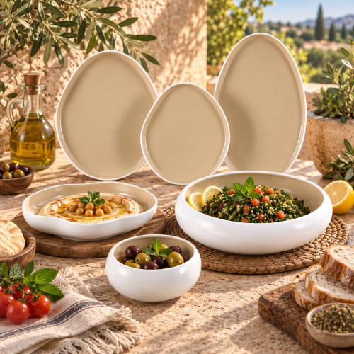 26-Piece White & Beige Ceramic Dinnerware Set with Organic Shape