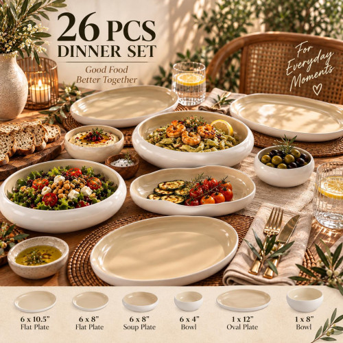 26-Piece White & Beige Ceramic Dinnerware Set with Organic Shape