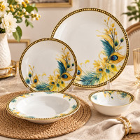 24-Piece Teal & Gold Peacock Feather Dinner Set