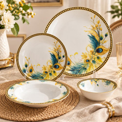 24-Piece Teal & Gold Peacock Feather Dinner Set