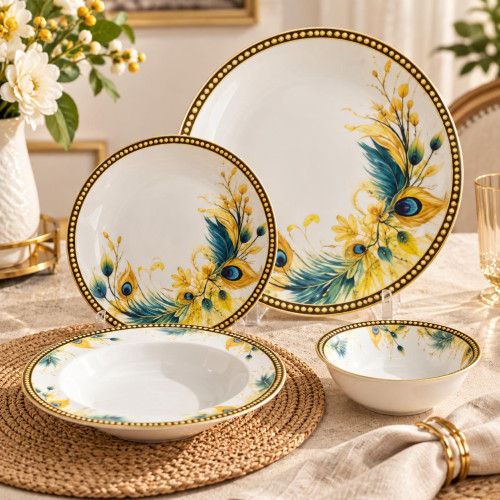 24-Piece Teal & Gold Peacock Feather Dinner Set