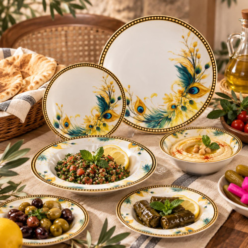 24-Piece Teal & Gold Peacock Feather Dinner Set