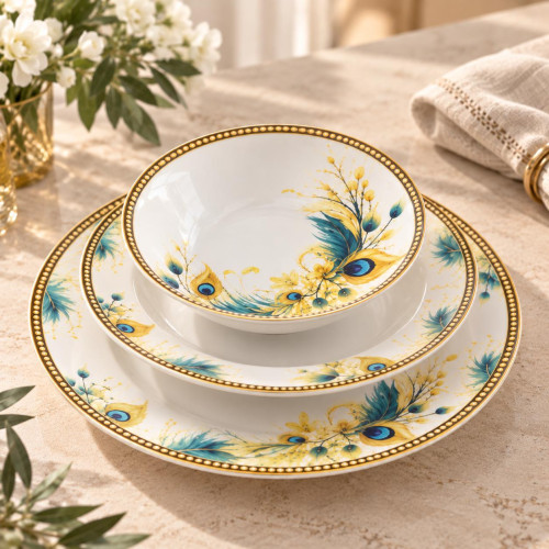 24-Piece Teal & Gold Peacock Feather Dinner Set