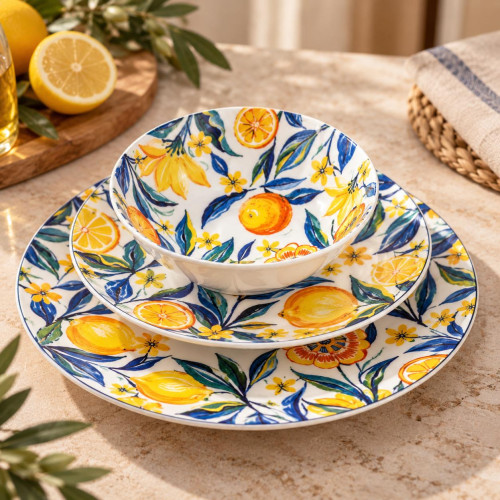 24-Piece Colorful Citrus Fruit & Floral Pattern Dinner Set