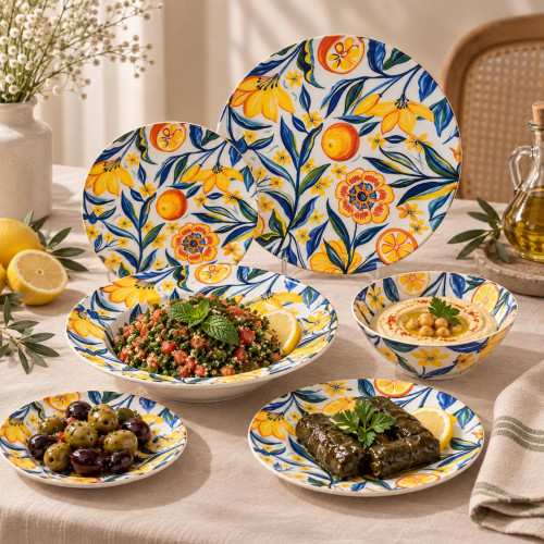 24-Piece Colorful Citrus Fruit & Floral Pattern Dinner Set