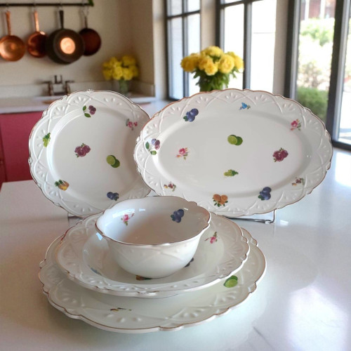 26pcs White and Gold Dinner Set with Fruit Design | Elegant Tableware