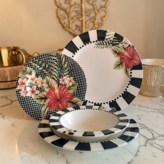 Kosova 24-Piece Porcelain Dinner Set-Checkered & Floral Design