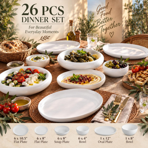 26-Piece White Ceramic Dinnerware Set with Organic Shape