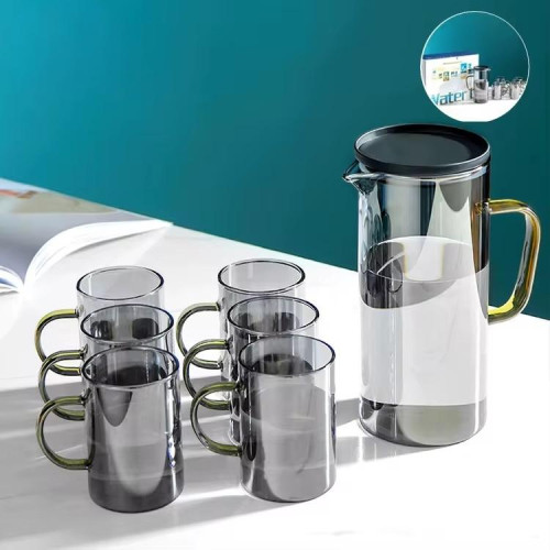 7 Pcs Black Glass Drink Set (6 Cups & Jug) - Modern & Elegant Drinkware Set