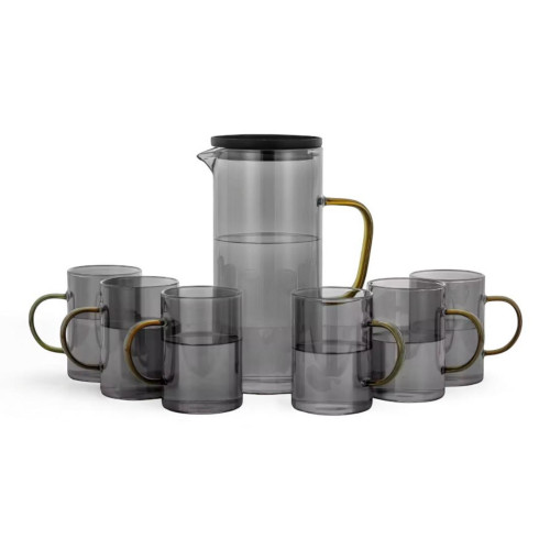 7 Pcs Black Glass Drink Set (6 Cups & Jug) - Modern & Elegant Drinkware Set