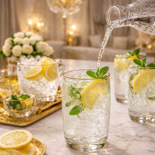 Transparent Drink Cups with Gold Line – Elegant Glassware 390 ml