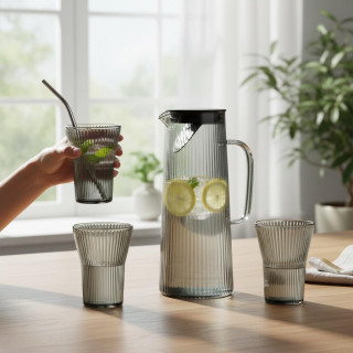 7-Piece Unbreakable Glass Pitcher Set – 1270ml BPA-Free Kettle with Lid & 6 Cups (Grey)