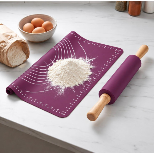 Tantitoni Gray 2 Pcs Silicone Dough Rolling Mat and Roller Set