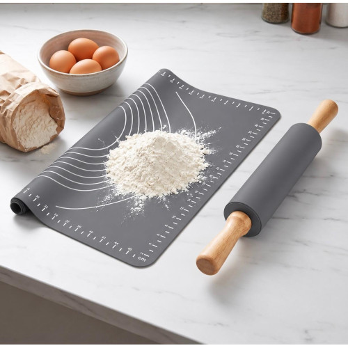Tantitoni Gray 2 Pcs Silicone Dough Rolling Mat and Roller Set
