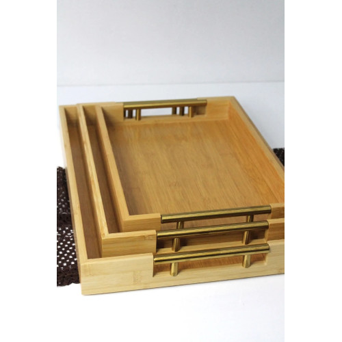3pcs Wooden Tray Set with Gold Handles