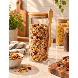 1 Pc Airtight 1.57L Glass Jar with Bamboo Lid & Spoon – Storage for Coffee, Spices & Sugar