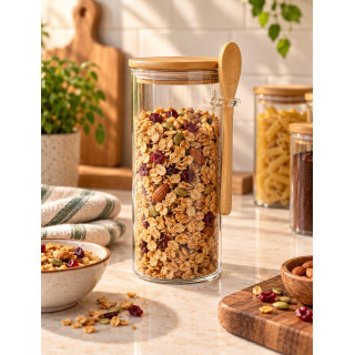 1 Pc Airtight 1.57L Glass Jar with Bamboo Lid & Spoon – Storage for Coffee, Spices & Sugar
