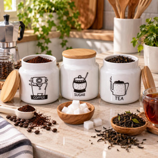 3-Piece Bamboo Lid Glass Tea Coffee Sugar Storage Jar Set 635 cc - White