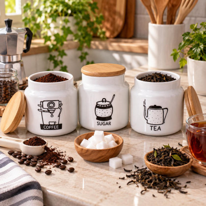 3-Piece Bamboo Lid Glass Tea Coffee Sugar Storage Jar Set 635 cc - White