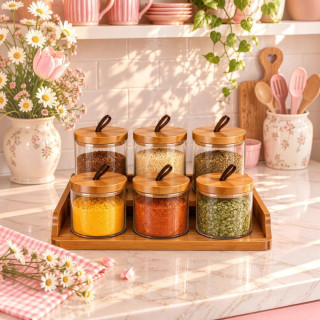 8-Piece Glass Jars Set with Wooden Base | Elegant Kitchen Storage