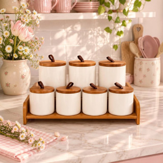 8-Piece White Jars Set with Wooden Base| Elegant Kitchen Storage