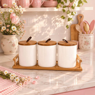 3-Piece White Glass Storage Jars with Wooden Base – 650ml
