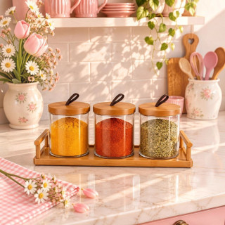 3-Piece Glass Storage Jars with Wooden Base– 650ml