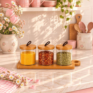 3-Piece Glass Storage Jars with Wooden Base – 420ml