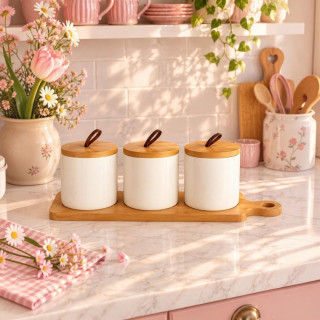 3-Piece White Storage Jars with Wooden Base – 420ml