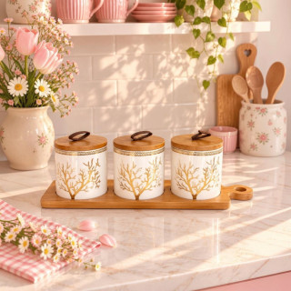 3-Piece Storage Jars with Wooden Base – 420ml