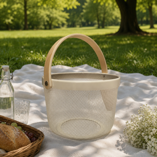 Metal Round Beige Storage Organizer Basket