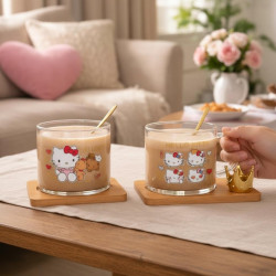 Hello Kitty Glass Mugs and Wooden Coasters with spoon 1cup