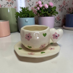 Ceramic Floral Coffee Mug With Saucer