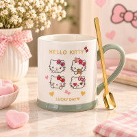 380ml Sanrio Hello Kitty Cute Cartoon Ceramics Mug With Lid Spoon Large Capacity Mugs Creative Coffee Milk Tea Cups Novelty Gift