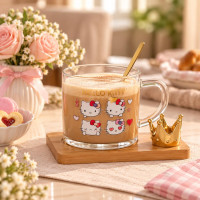 Hello Kitty Glass Mugs and Wooden Coasters with spoon 1cup