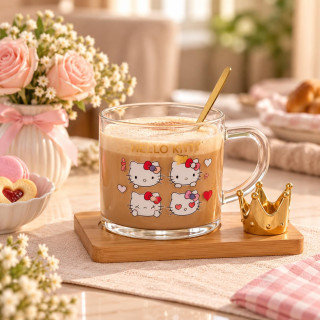 Hello Kitty Glass Mugs and Wooden Coasters with spoon 1cup