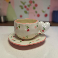 Ceramic Cherry Coffee Mug With Saucer