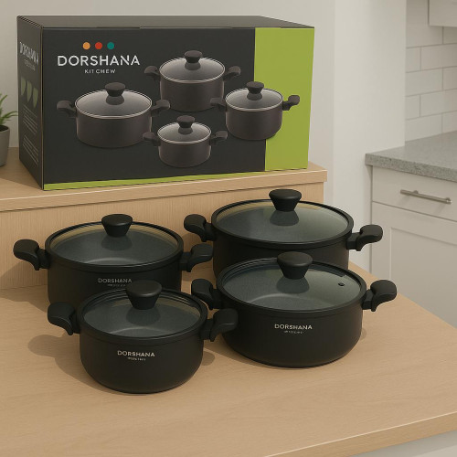 Dorshana Non Stick Aluminium Cookware Set – 8 Pieces with Glass & Silicone Lids