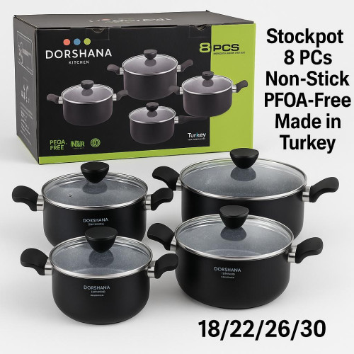 Dorshana Non Stick Aluminium Cookware Set – 8 Pieces with Pyrex Glass Lids