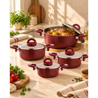 five stars 8 Pieces Vetro Casserole Cooking Set, Wine Red