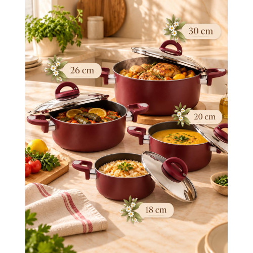 five stars 8 Pieces Vetro Casserole Cooking Set, Wine Red