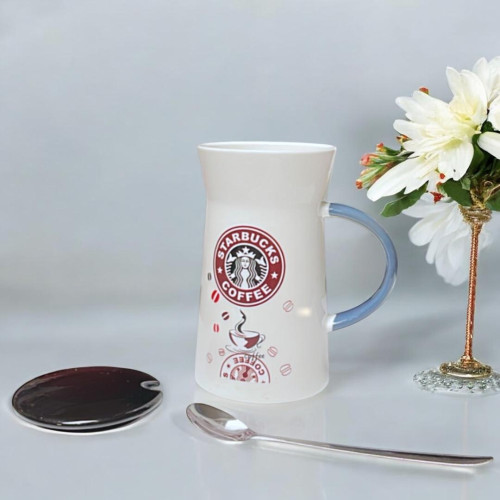 WhiteCeramic Mug With Lid And Spoon- 420ml