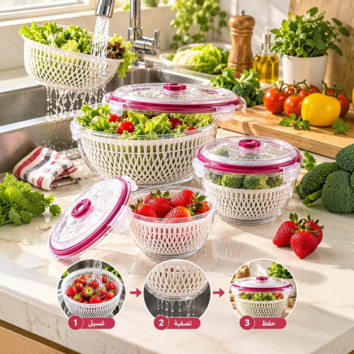 Plastic Bowls with Inner Colander Baskets – 3 Pieces