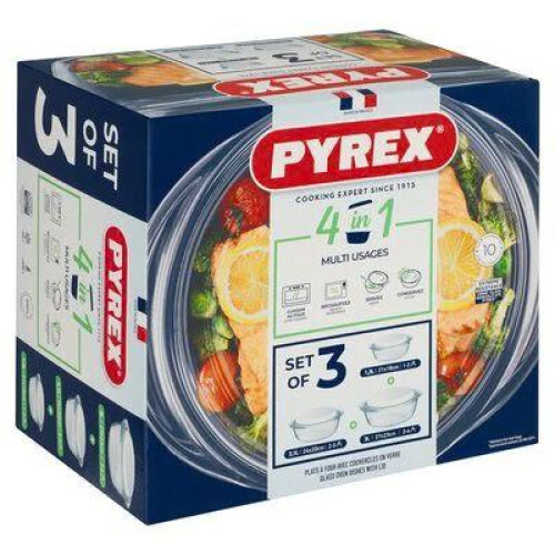 Pyrex Essentials Round Glass Casserole Dish Set – 3 Pieces with Lids