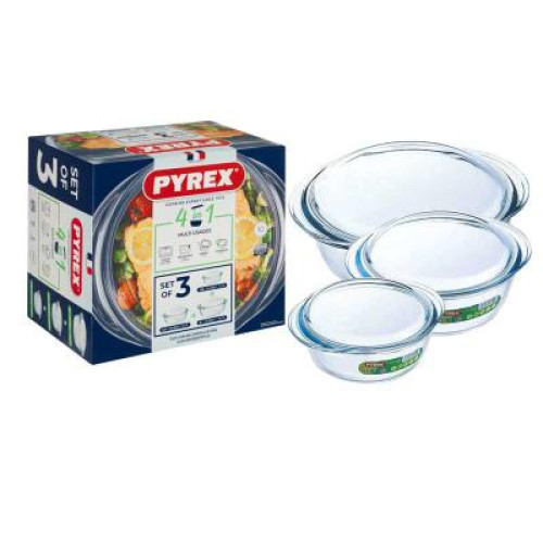 Pyrex Essentials Round Glass Casserole Dish Set – 3 Pieces with Lids
