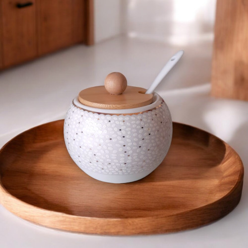 Ceramic Sugar Bowl with BambooLid and Spoon,Dotted design, Modern Spice Box Seasoning Jar for Home and Kitchen Coffee Bar