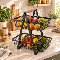 Two-Tier Black Metal Wire Fruit & Vegetable Basket