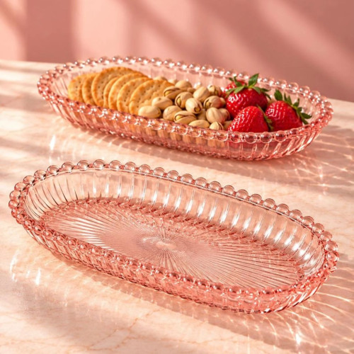 Pink Glass Oval Serving Platters – 2 Pieces