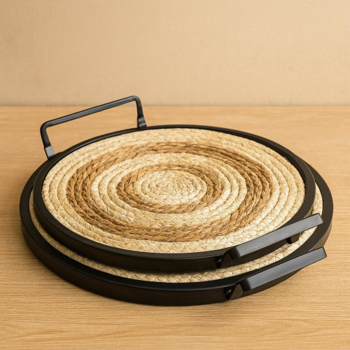 Rustic Style Straw Tray Set – 2 Pieces