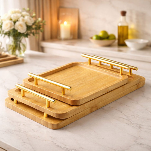 Beige Wooden Serving Tray Set – 3 Pieces